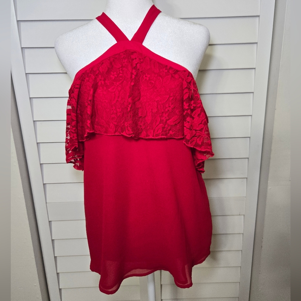 Sweet Pea Red Halter Lace Overlay Top Size S